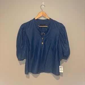 INC INTERNATIONAL CONCEPTS Faux Denim Blouse w/ Buttons at Neck Size Large NWT